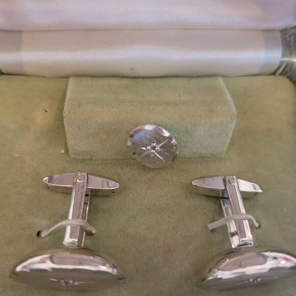 Vintage Mens Silver Cufflinks & Tie Tack Set MCM Starburst Design Atomic Star - Picture 3 of 3